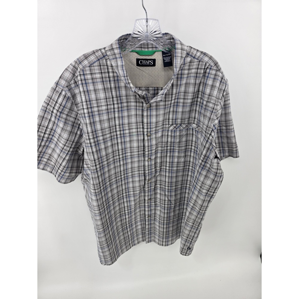 Chaps Mens XL Grey Blue Plaid Short Sleeve Button Down Performance Shirt